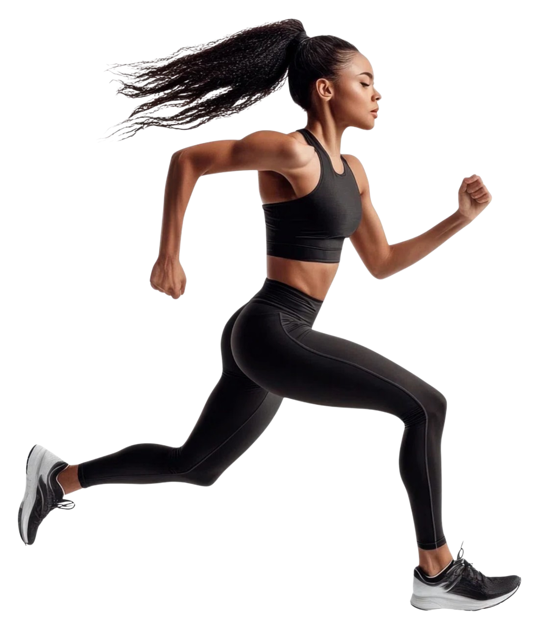 Athletic woman running in black workout attire and sneakers