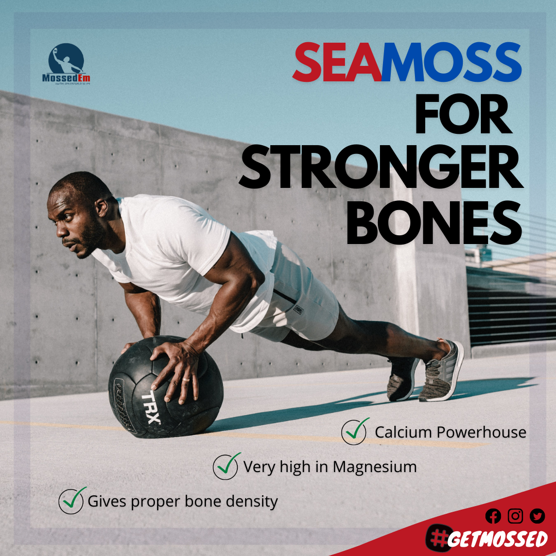 A man in athletic gear performs a plank using a medicine ball outdoors. The text promotes sea moss for stronger bones, highlighting it as a calcium powerhouse, high in magnesium, and beneficial for bone density. The image includes the hashtag #GetMossed.