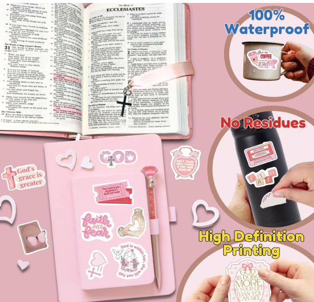 Pink Bible Verse Stickers for Christian Christmas Gift for Girl Women Inspirational Jesus Quote Praise God Religious Decoration Party Favors Motivational