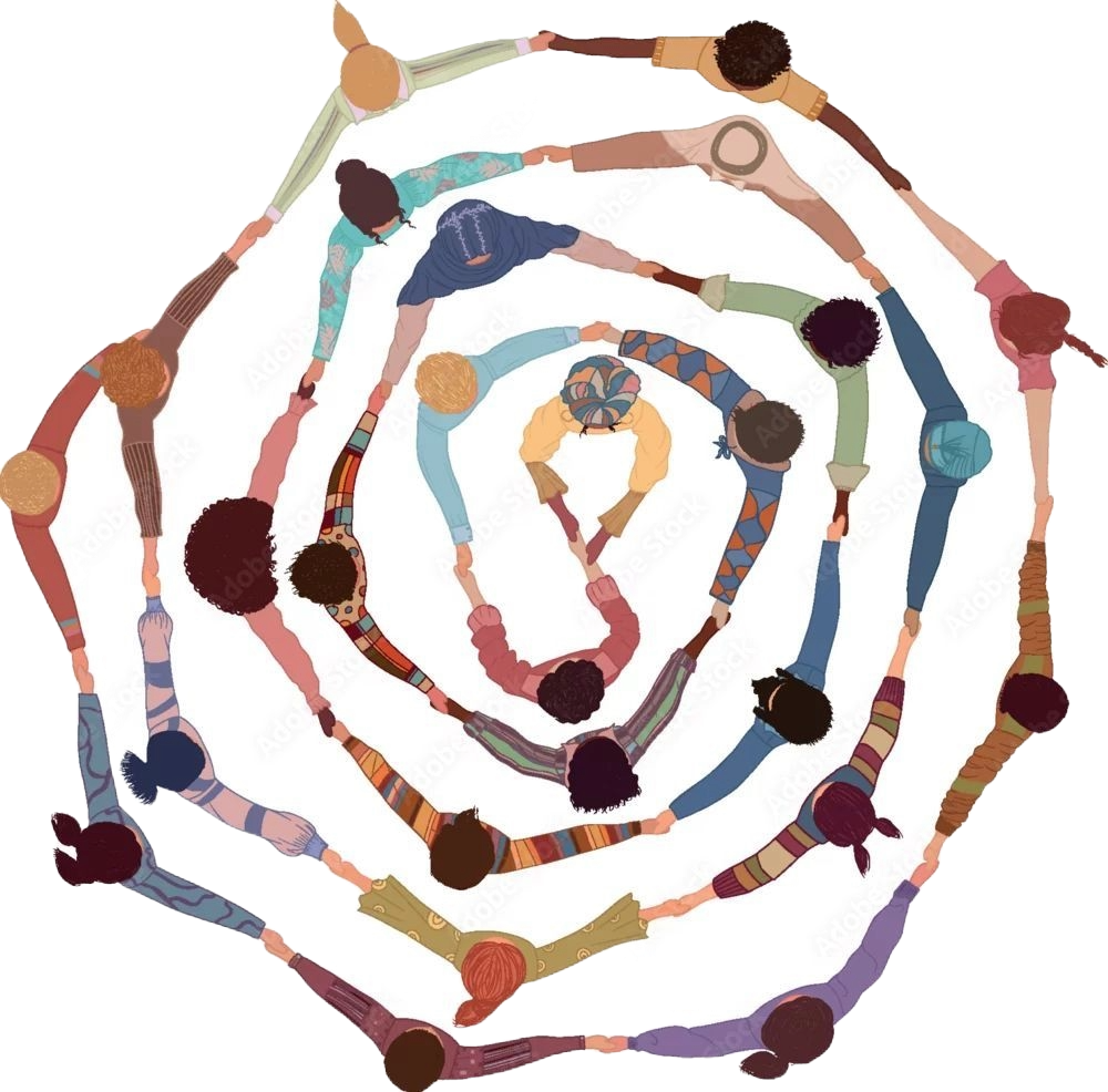 A top-down view of many people forming a spiral pattern, holding hands and standing in a circle.