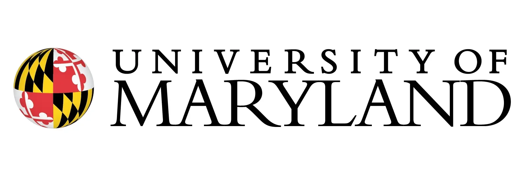 University of Maryland logo featuring a globe with an alternating black and gold checkered pattern and red and white section, and the university's name in black text.