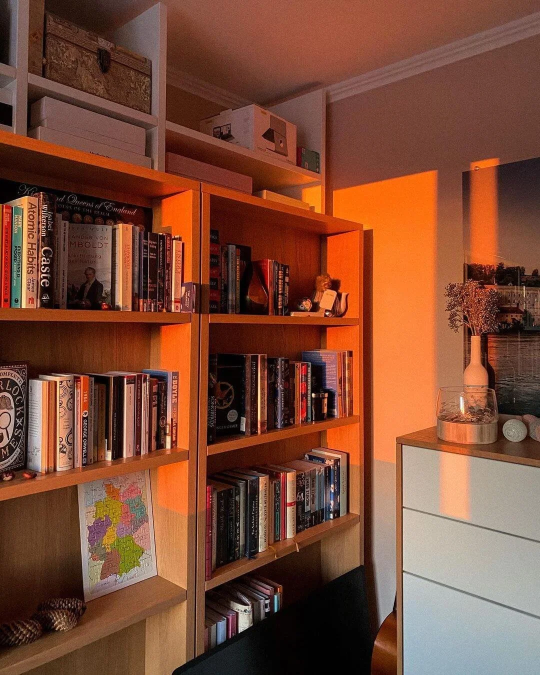 Living room corner with wooden bookshelves filled with books, a white dresser with a vase and flowers, and a sunset glow casting through the window.