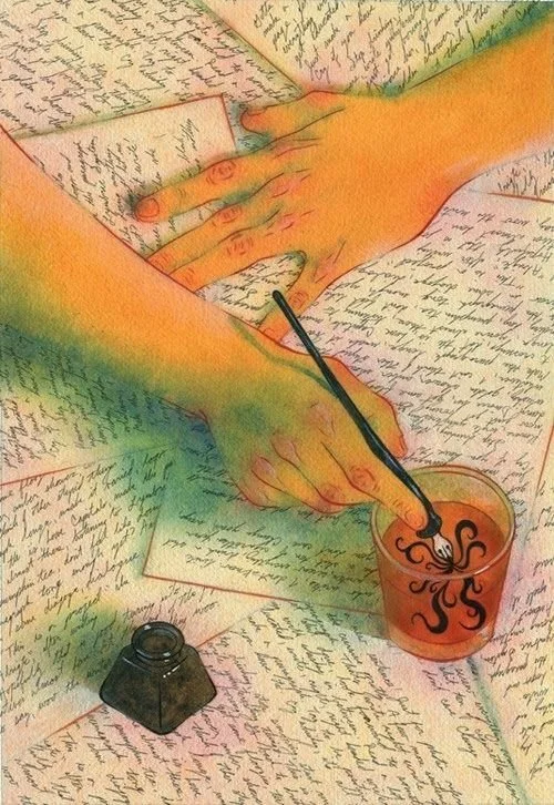 Colorful illustration of two hands holding a fountain pen, writing on a tab of paper, with old handwritten letters scattered around, a black inkwell nearby, and a brown cup with a decorative black swirl.
