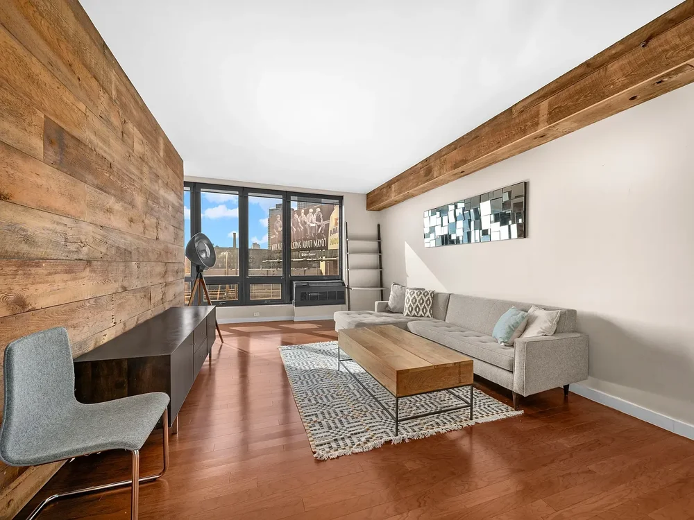 Living room with reclaimed wood wall