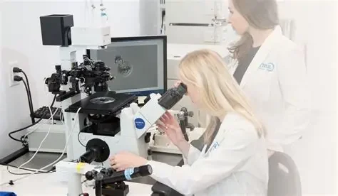 Two scientists working in a laboratory with microscopes and a computer setup.