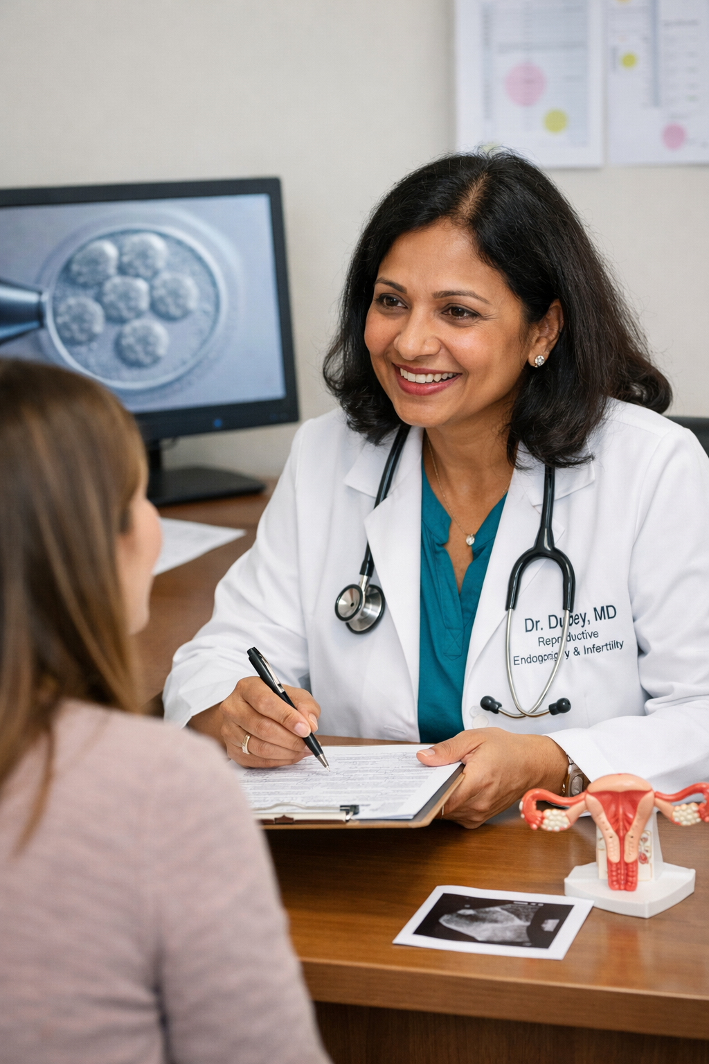 Doctor talking to a woman at a desk with a model of the female reproductive system and an ultrasound image on the table.