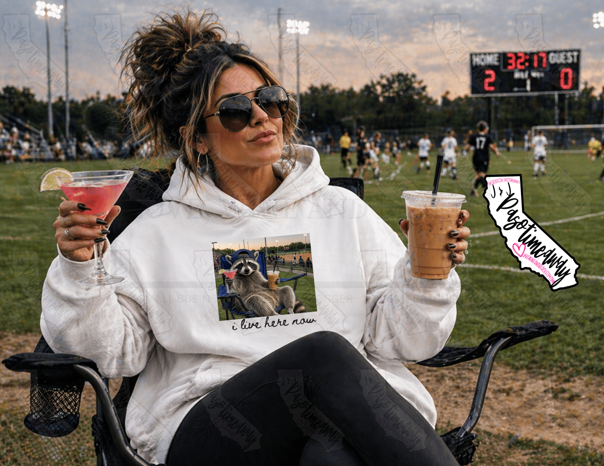 Mama in chair at soccer game with a coffee in one hand and cosmo in the other