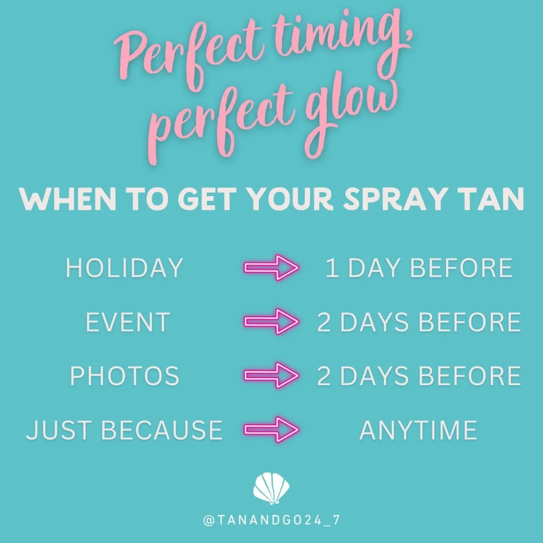 ✨ Perfect Timing, Perfect Glow ✨

The secret to a flawless tan? It&rsquo;s all in the timing.

Plan your tan right, let it fully develop, and step out with the most even, natural-looking glow. 

Your perfect colour starts with perfect timing.