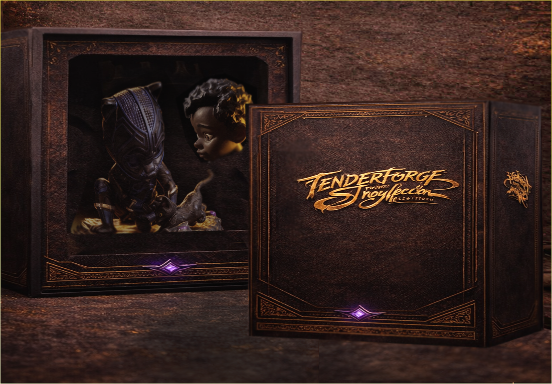 A detailed limited edition Black Panther collectible figure in a decorative box with the Marvel T'Challa logo, featuring Black Panther's face and a young boy's face in a dark, ornate setting.