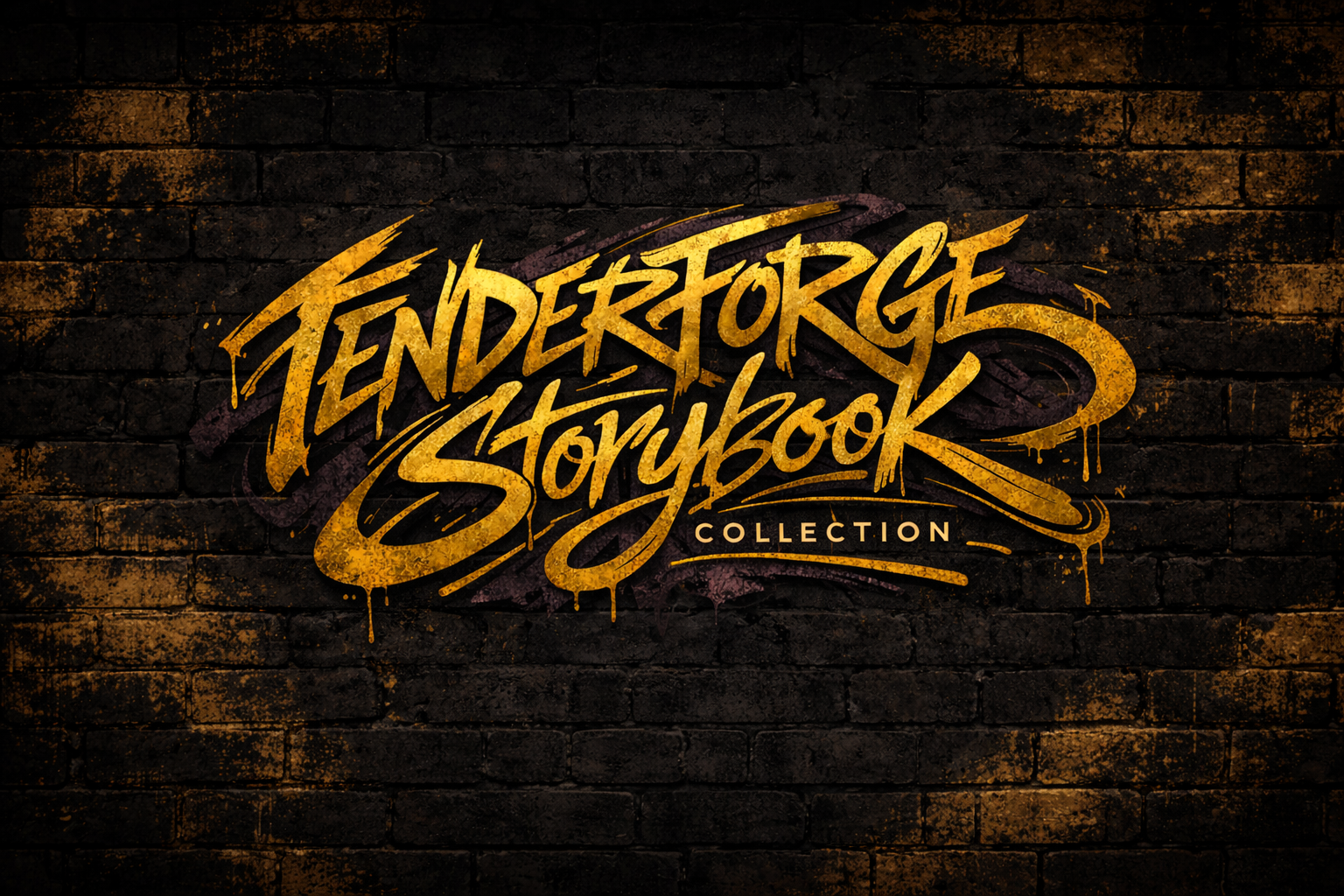 Graffiti-style text that reads "Tenders Forge Storybook Collection" on a dark, textured brick wall with orange and yellow splashes and drips.