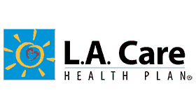Logo of L.A. Care Health Plan featuring a yellow sun and heart symbol on a blue background with black text.