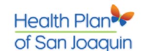 Logo of Health Plan of San Joaquin with blue text and a multicolored butterfly icon.