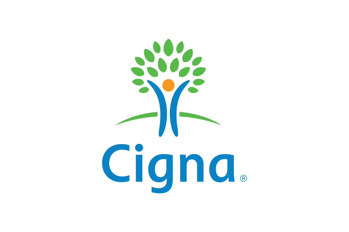 Cigna logo featuring a stylized tree with green leaves, an orange circle, and two blue human figures, along with the word Cigna.