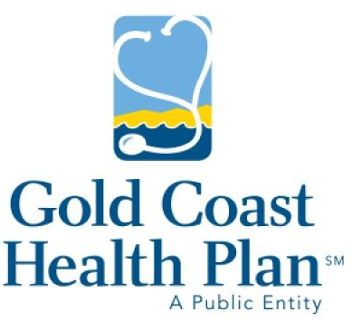 Logo of Gold Coast Health Plan, featuring a stethoscope forming a heart, with blue, white, and yellow colors, and the text 'Gold Coast Health Plan, A Public Entity'.