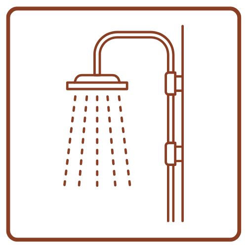 Line drawing of an outdoor shower with water spray.