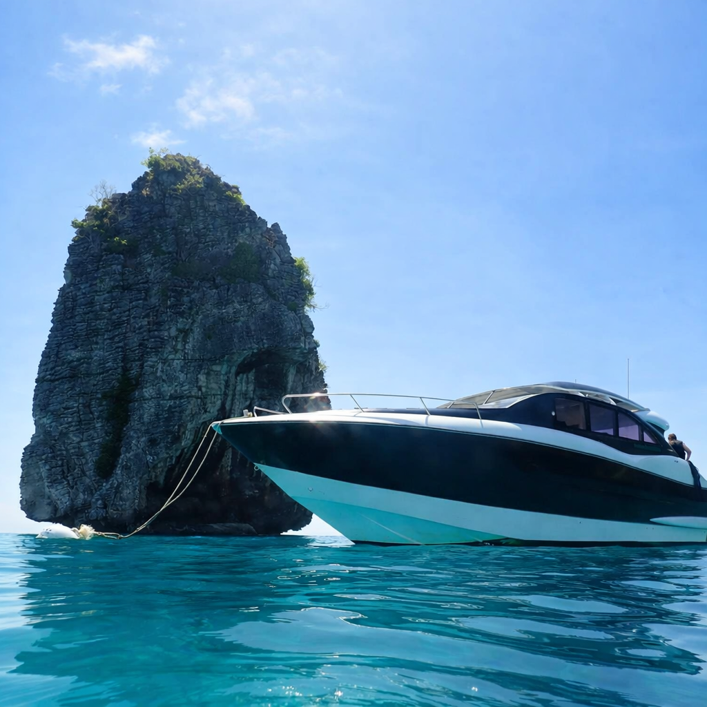 Motor yacht beside a limestone cliff in turquoise water near Phuket