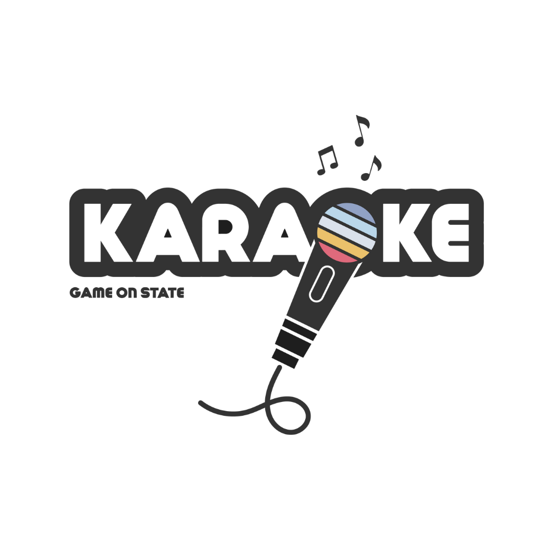 Logo for karaoke with a microphone and musical notes, featuring the slogan 'Game On State'.