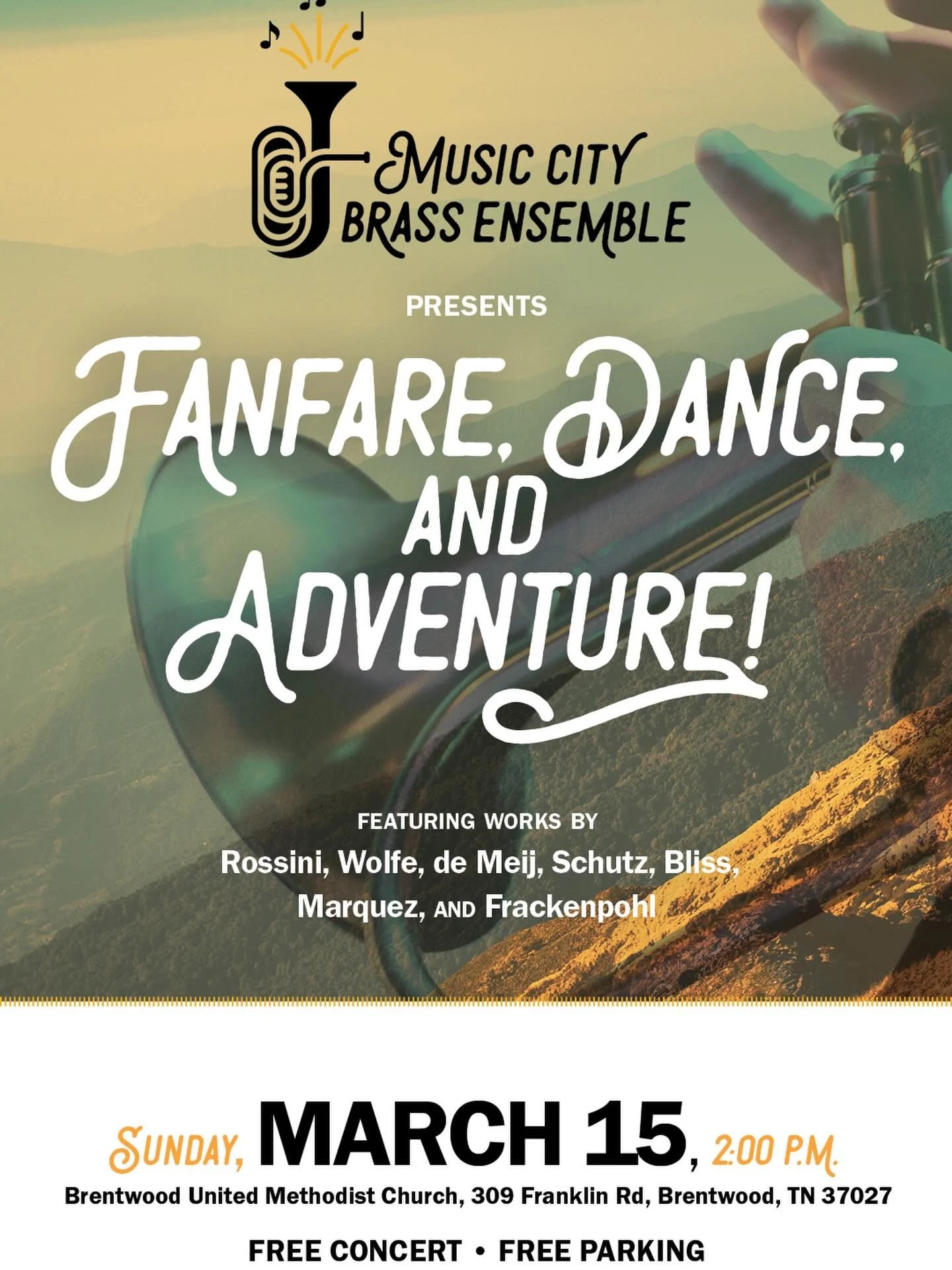Join the Music City Brass Ensemble for a wonderful program of works for brass ensemble and percussion, with some piano and organ thrown in!
#brassensemble #adventure #nashville #musiccitynashville #freeconcertsnashville
