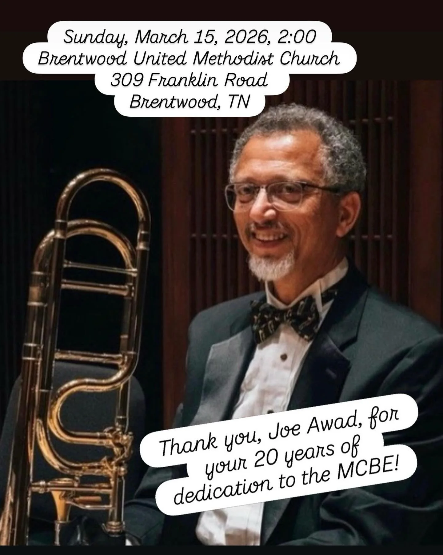 Today, we are celebrating one of MCBE&rsquo;s founders, Dr. Joseph Awad. After a double-decade tenure, Joe will be moving on, but his imprint will always remain! At our concert this Sunday, March 15th at 2:00, we will celebrate Joe as he performs a t
