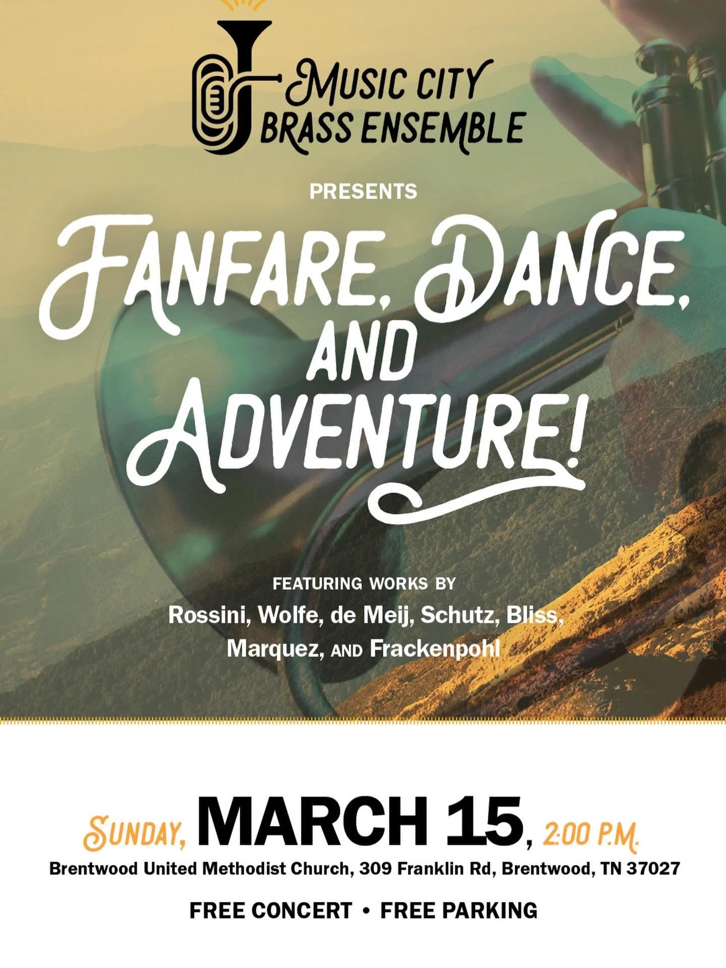 This Sunday in Nashville! Join us for a FREE concert of amazing brass works. Hope to see you there!