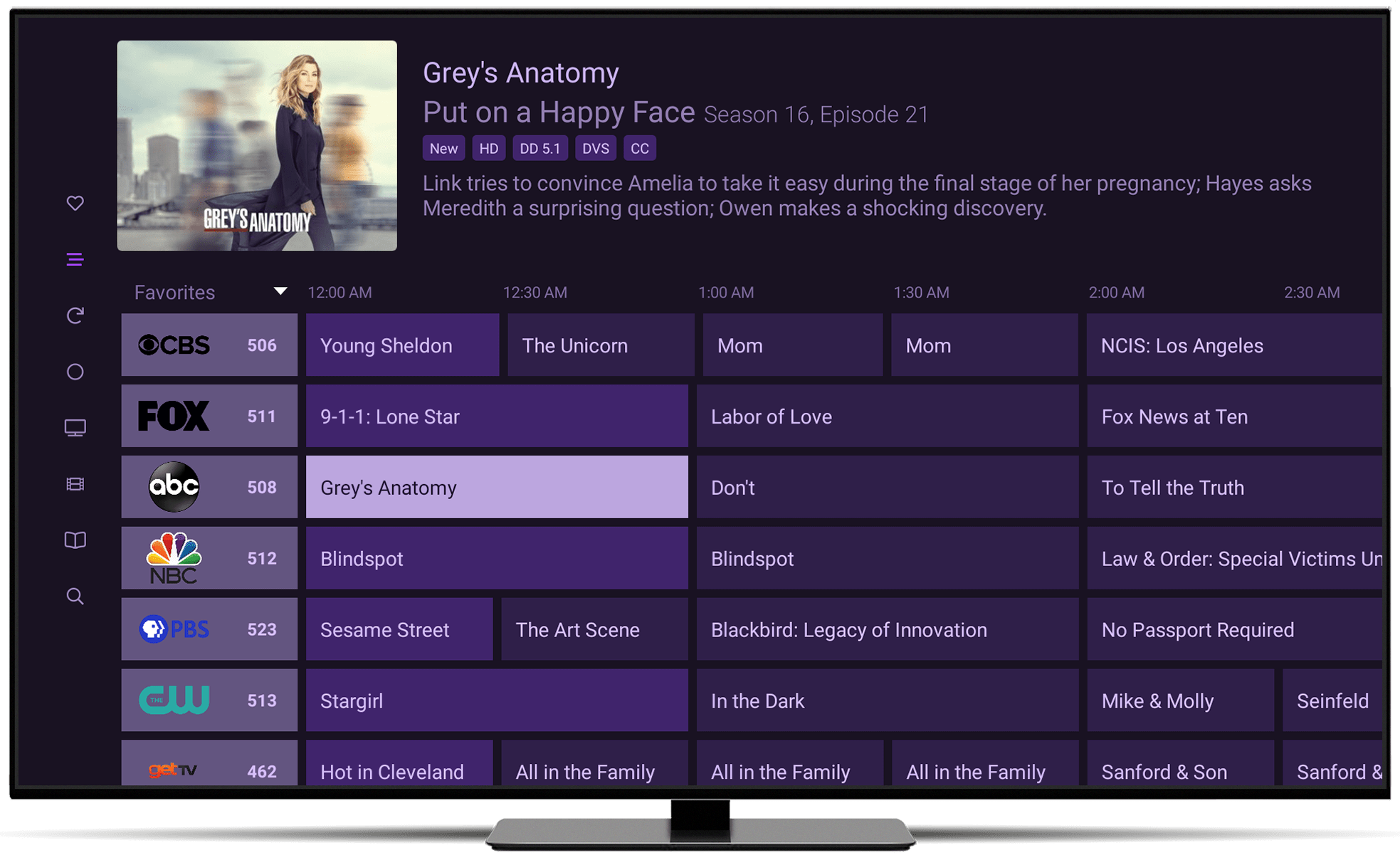 Television screen displaying a TV guide with shows scheduled from midnight to 3:00 AM, featuring channels such as CBS, FOX, ABC, NBC, PBS, and The CW, with show titles like Grey's Anatomy, NCIS: Los Angeles, and Sesame Street.