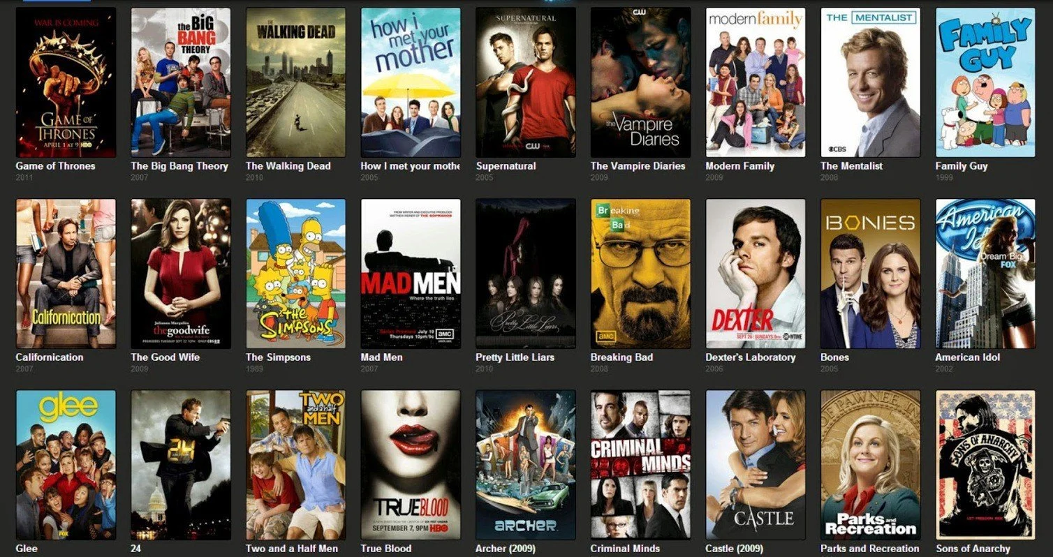 A collage of TV show posters, including Game of Thrones, The Big Bang Theory, The Walking Dead, How I Met Your Mother, Supernatural, The Vampire Diaries, Modern Family, The Mentalist, Family Guy, Californication, The Good Wife, The Simpsons, Mad Men, Pretty Little Liars, Breaking Bad, Dexter's Laboratory, Bones, American Idol, Glee, 24, Two and a Half Men, True Blood, Archer, Criminal Minds, Castle, Parks and Recreation, Sons of Anarchy.