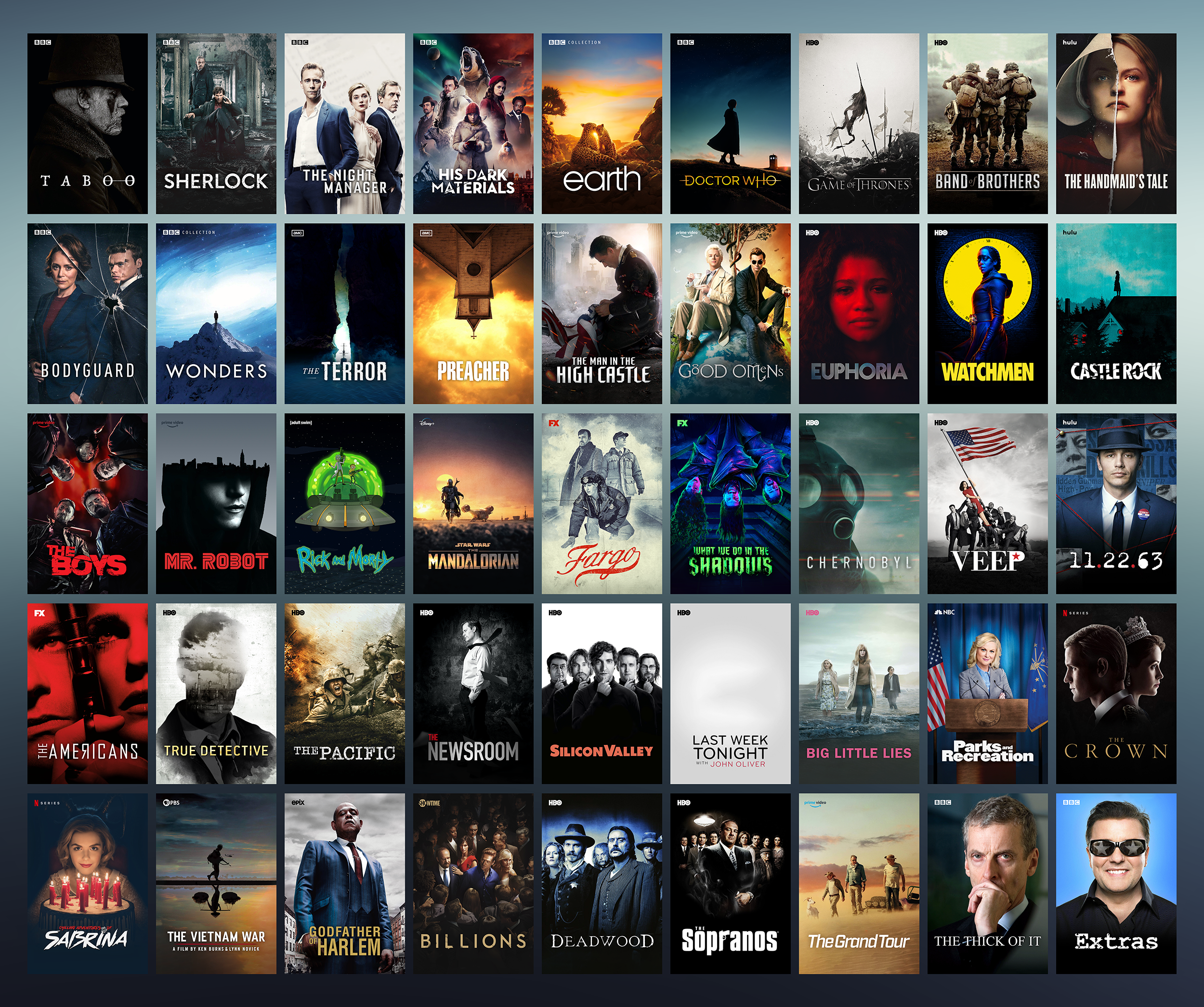 A collage of TV show and movie posters from various networks and streaming platforms, arranged in a grid. Notable titles include 'Sherlock,' 'The Handmaid's Tale,' 'Game of Thrones,' 'Stranger Things,' 'Rick and Morty,' 'Last Week Tonight,' 'The Crown,' and others.
