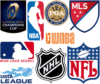 A collection of logos representing various sports leagues and organizations, including the European Rugby Champions Cup, NBA, PGA, MLS, WNBA, Major League Baseball, USTA League, NHL, NFL, and a football icon.