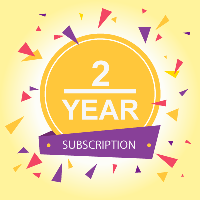 Celebration graphic for 2-year subscription with colorful confetti and a yellow background.