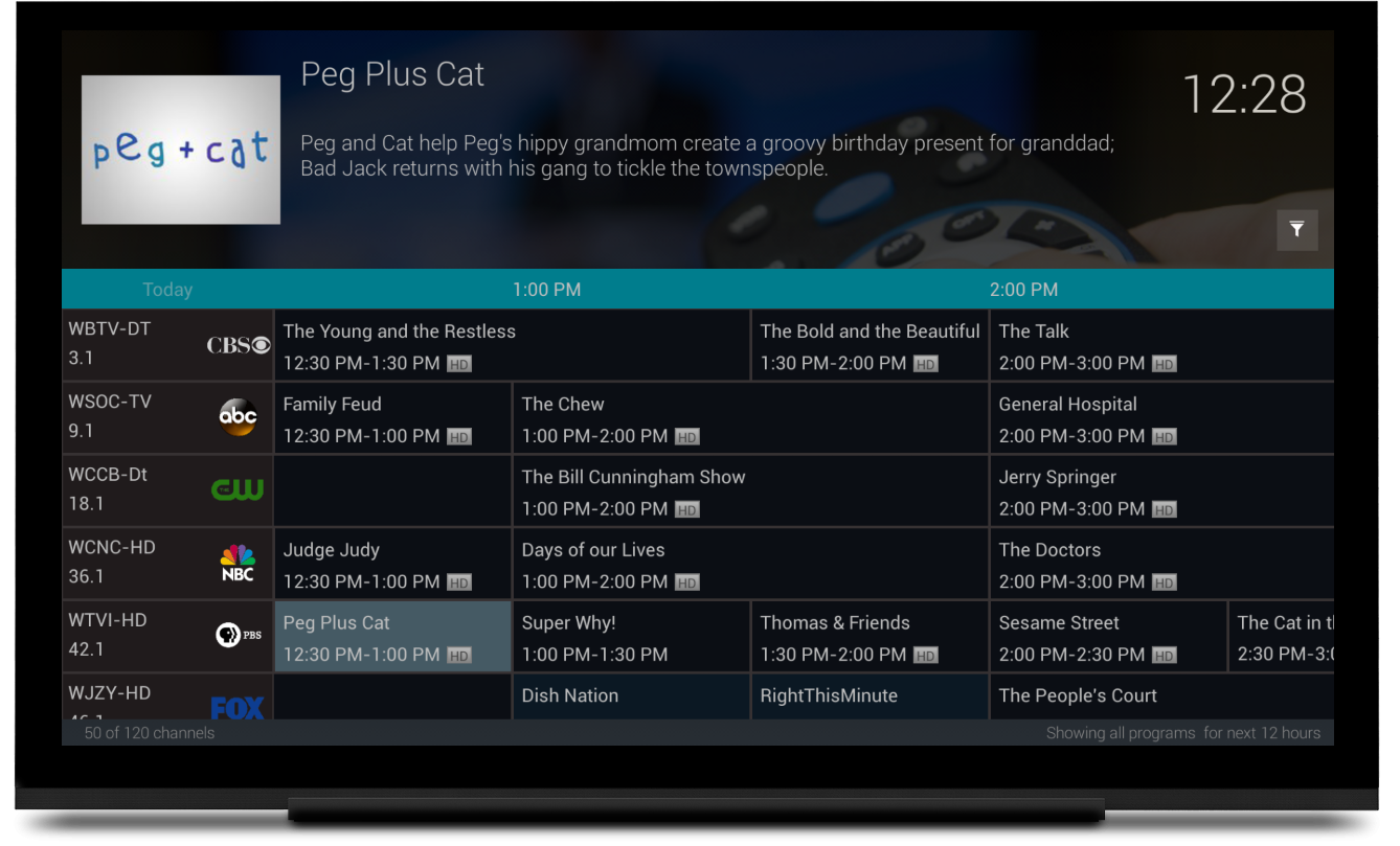 Television guide displaying channel listings and program schedules, with the highlighted program 'Peg Plus Cat' at 12:30 PM.