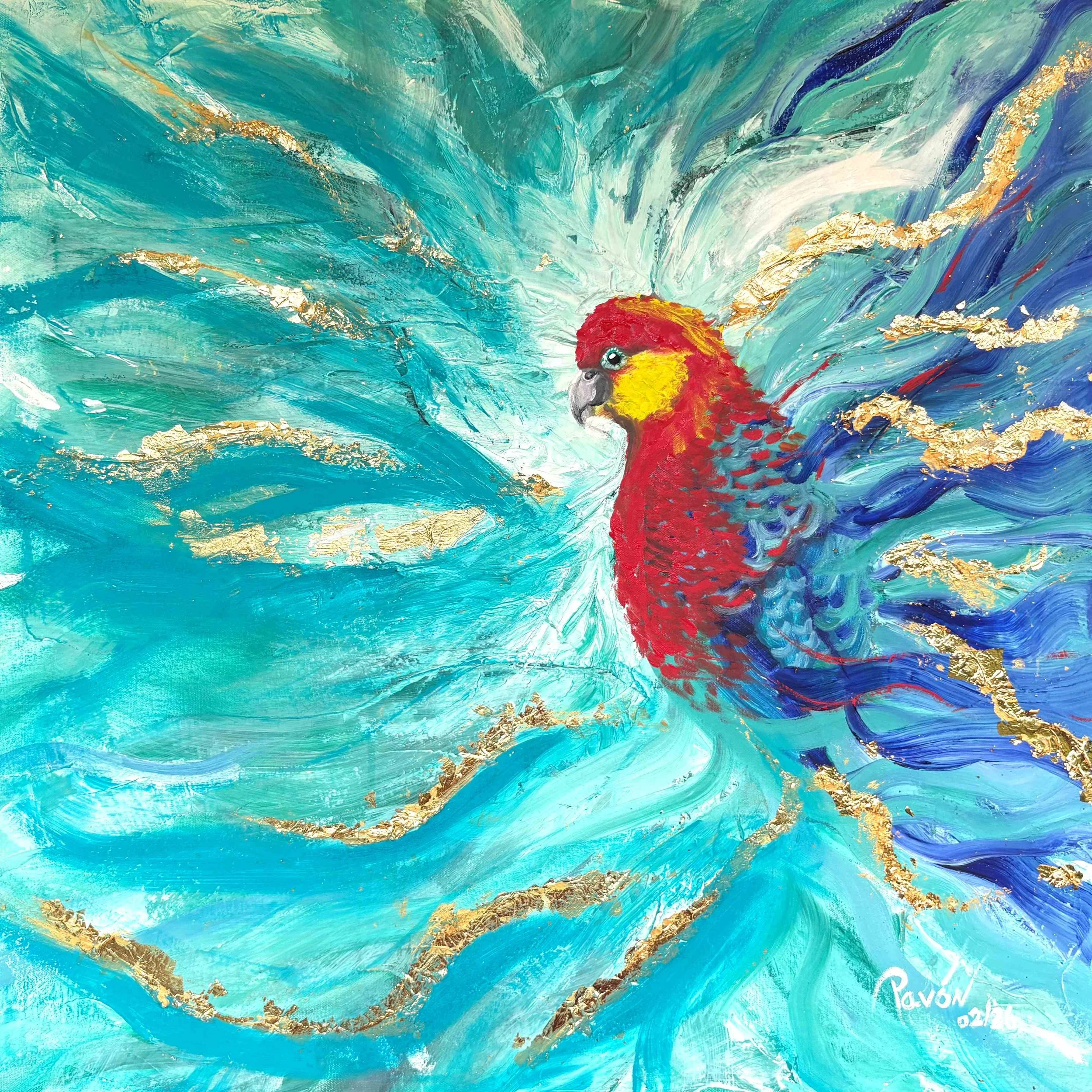 An abstract painting of a colorful parrot with red, yellow, and blue feathers, surrounded by swirling blue, turquoise, and white waves with gold accents.