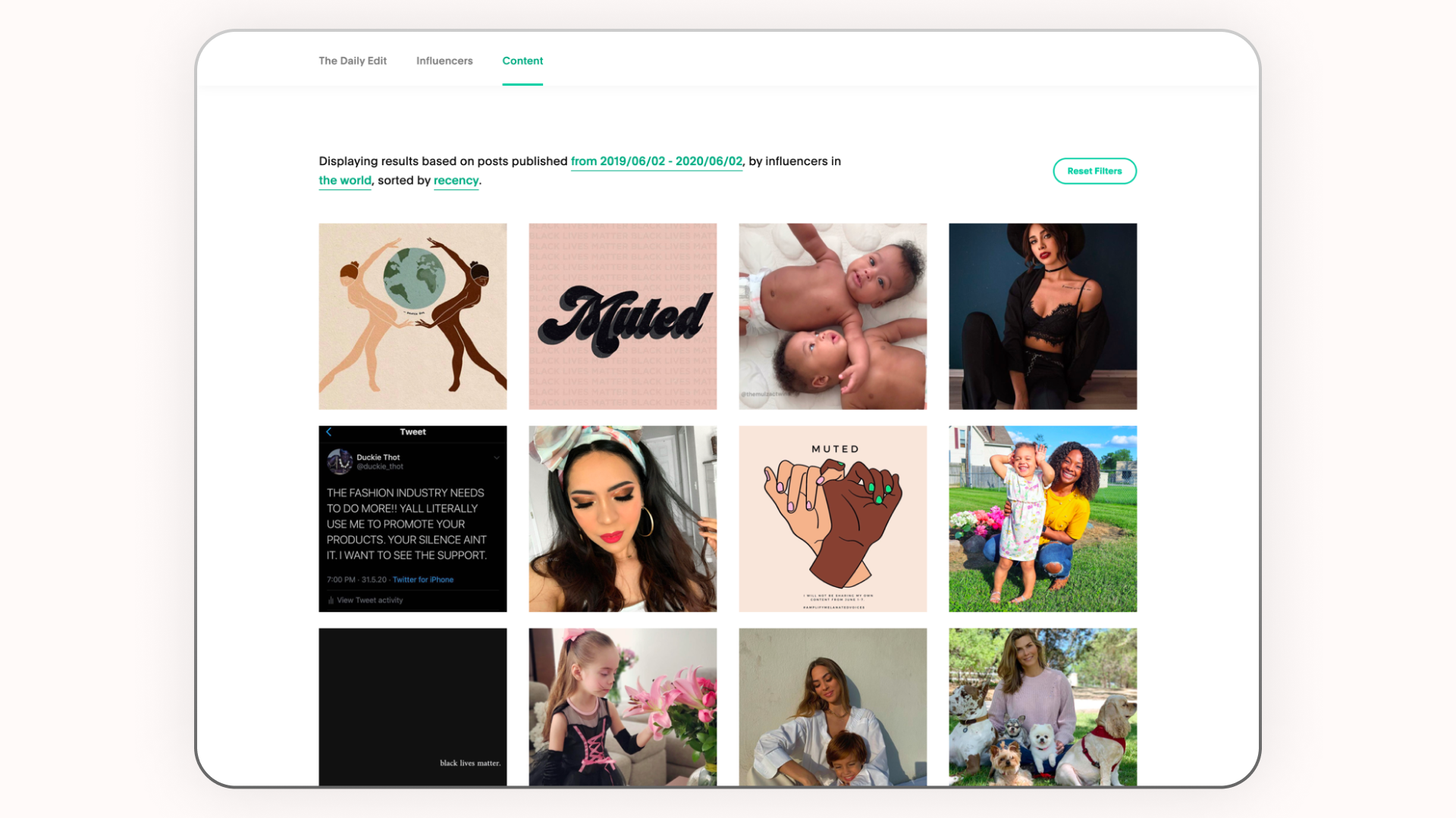 A webpage displaying a grid of nine social media images and posts, including artwork, tweets, fashion images, and family photos. Top navigation menu features "The Daily Edit," "Influencers," and "Content." Filters correspond to dates and influencer locations, with a "Reset Filters" button.