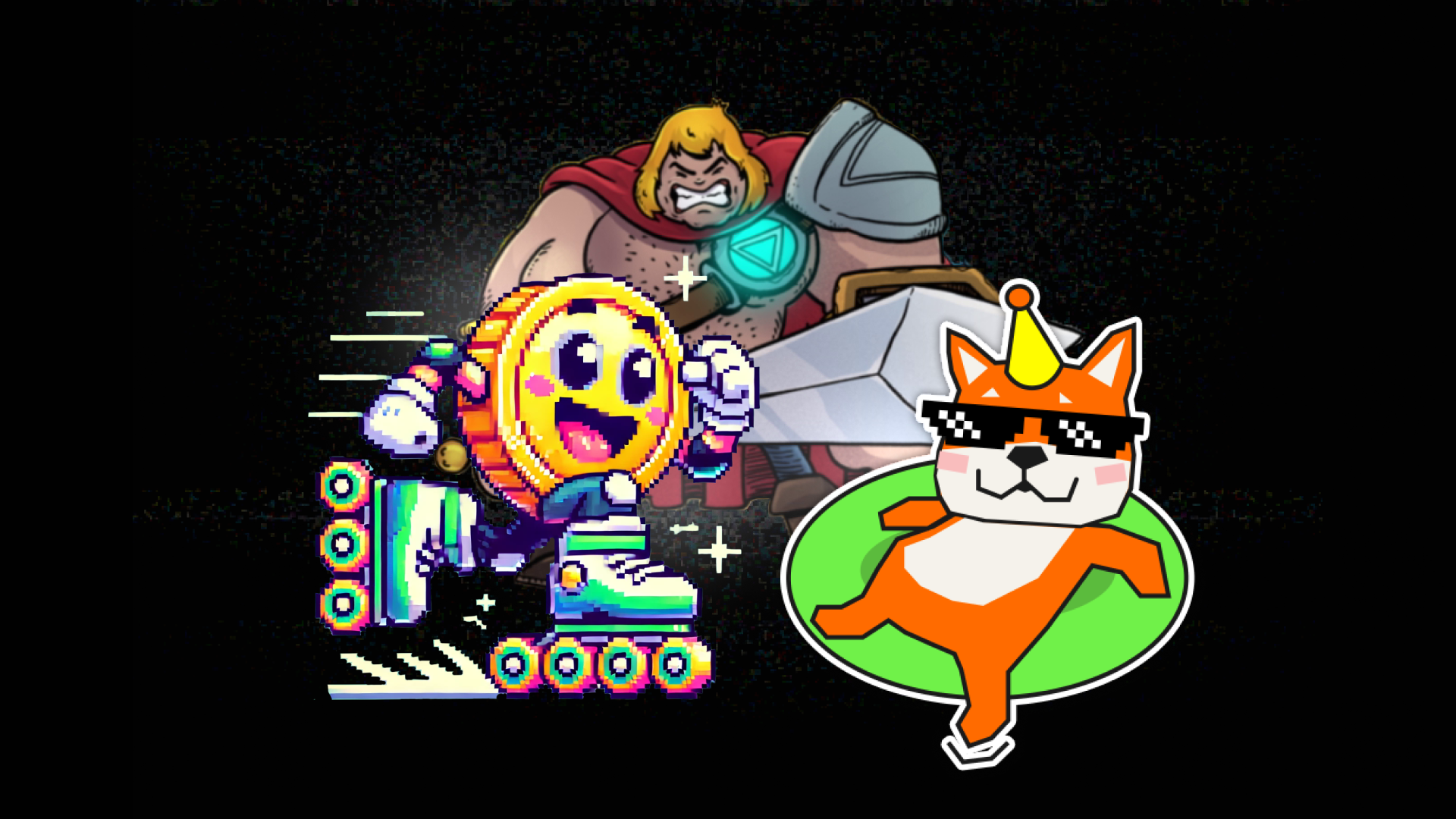 Cartoon illustration with a roller-skating coin character, a warrior with a sword, and a cool dog wearing sunglasses and a party hat.