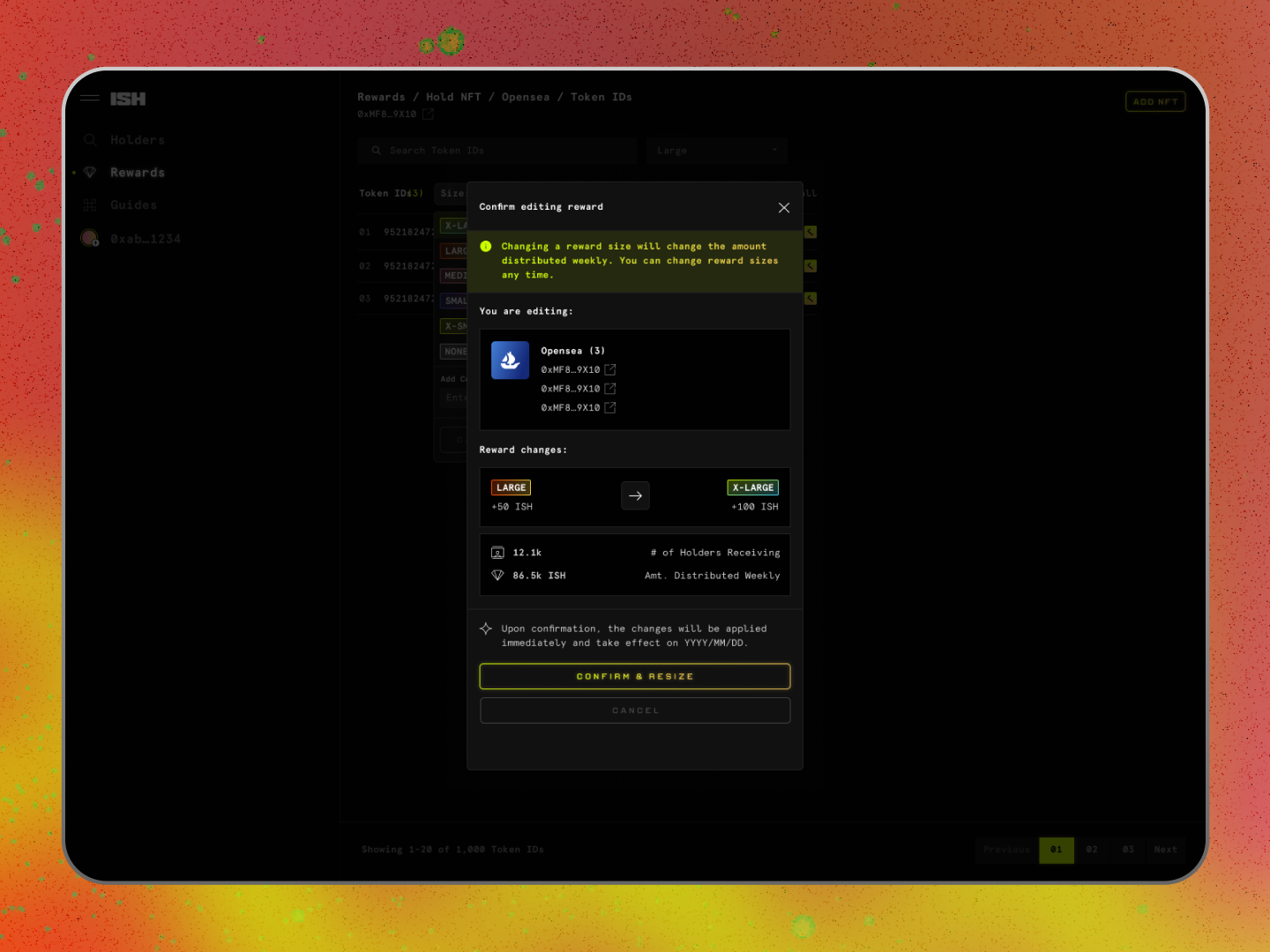 An interface screen displaying a reward editing confirmation dialog for ISH with options to change reward sizes from Large to X-Large, affecting the amount distributed weekly in ISH tokens. It includes selections for 'Opensea' with specific identifiers and a button to confirm changes.