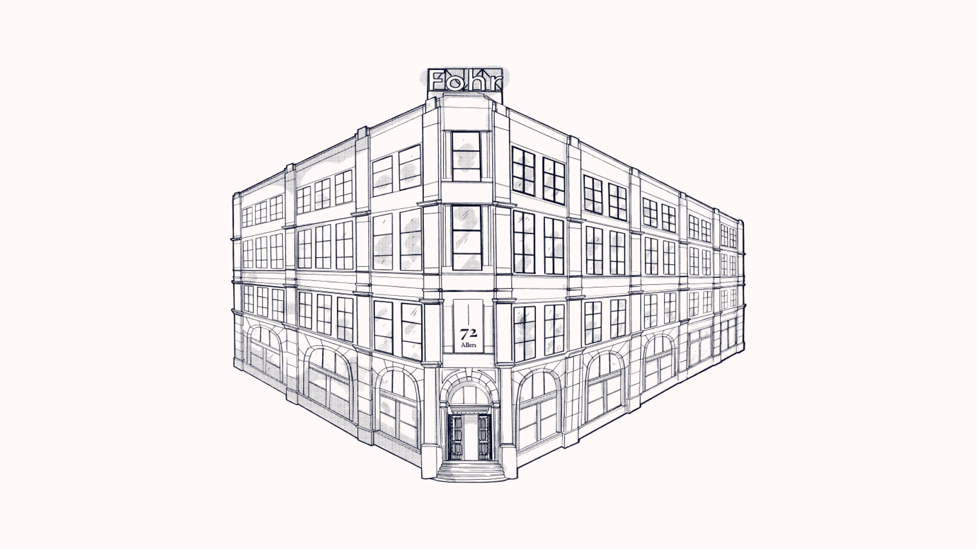 Illustration of a multi-story building with the address "72 Allen" and sign "Fohr" at the top.