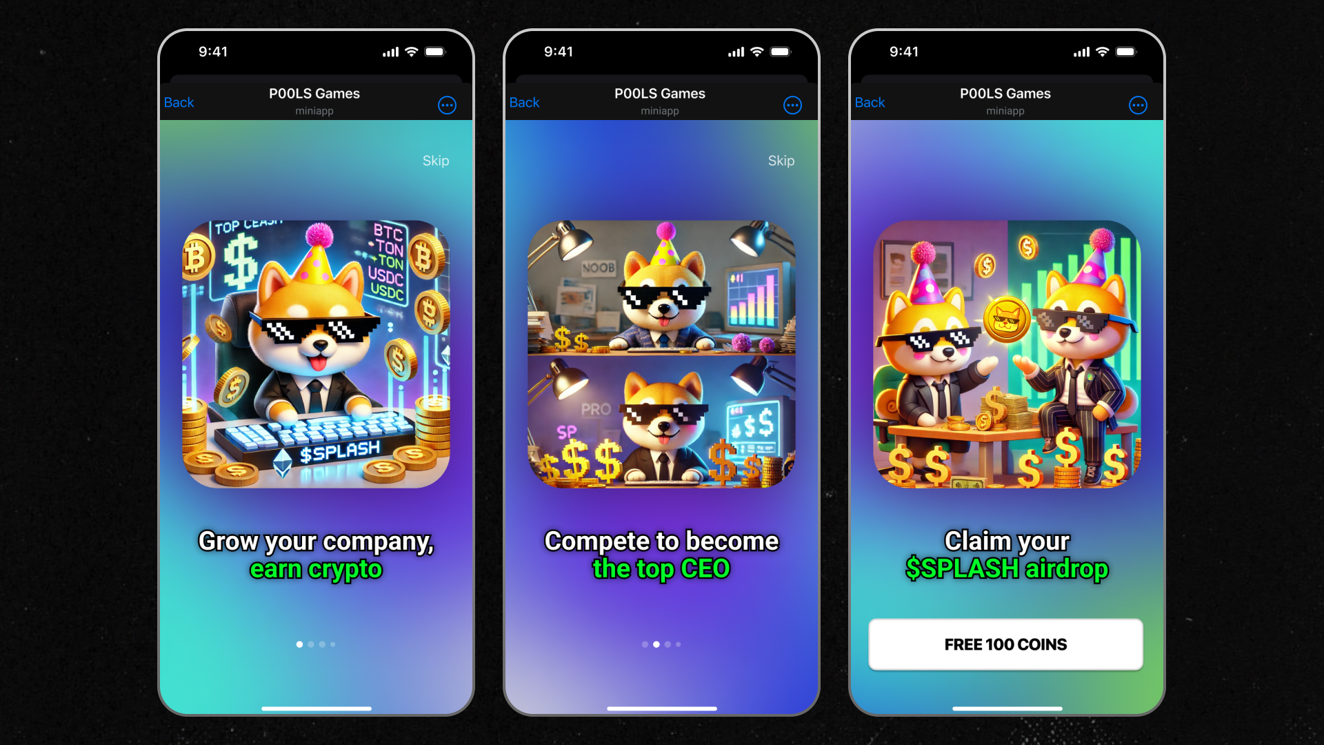 Three smartphone screens showing a crypto game featuring cartoon dogs in business suits, wearing party hats and sunglasses. The game promotes growing a company, competing to be a CEO, and claiming a crypto airdrop. Text includes "$SPLASH" and offers free 100 coins.
