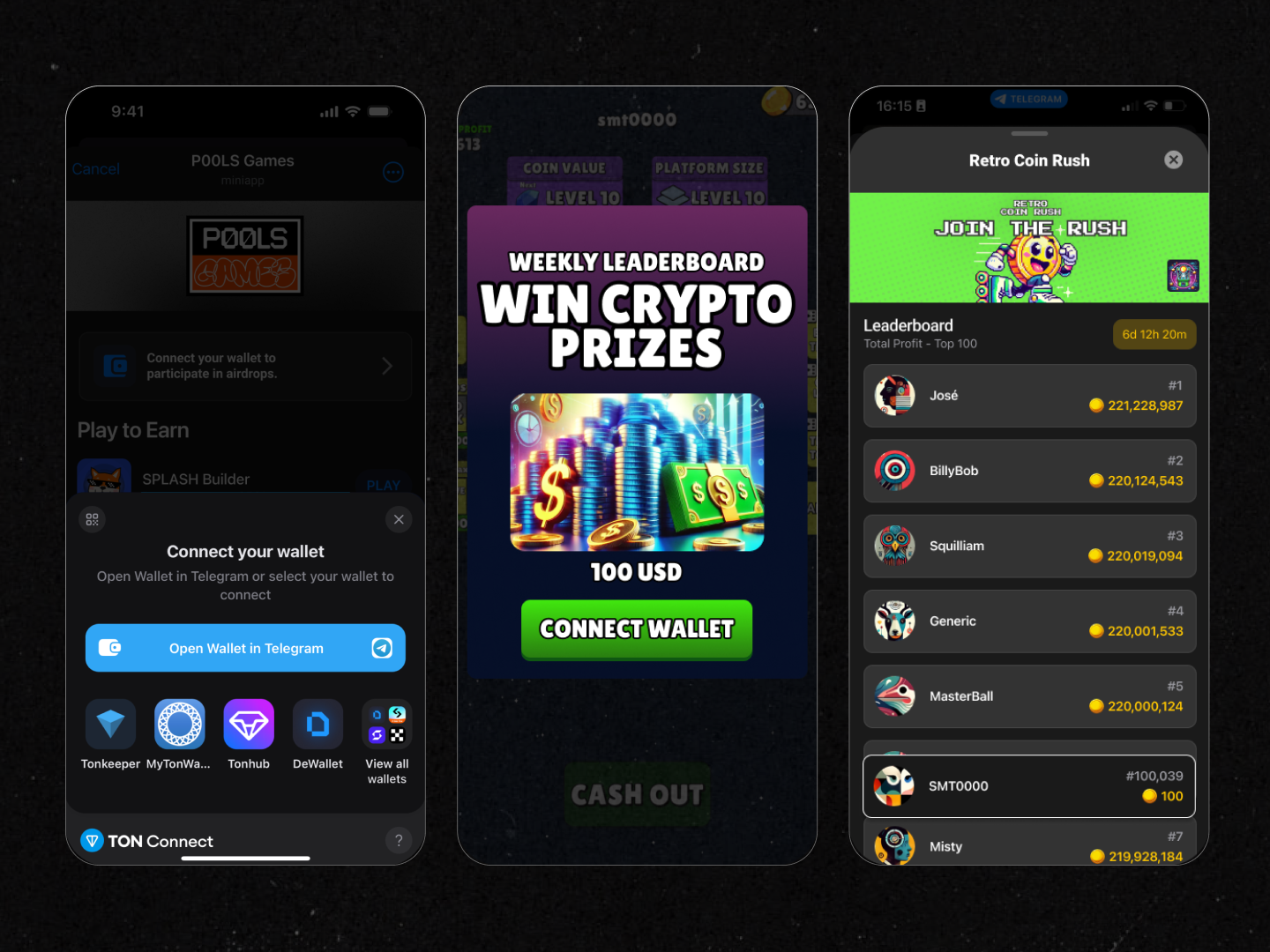 Screenshot of three mobile app interfaces for a crypto game. The first screen shows a wallet connection prompt with various wallet options. The second screen advertises a leaderboard with crypto prizes worth 100 USD. The third screen displays a leaderboard with user rankings and profits in digital currency, featuring usernames and point totals.