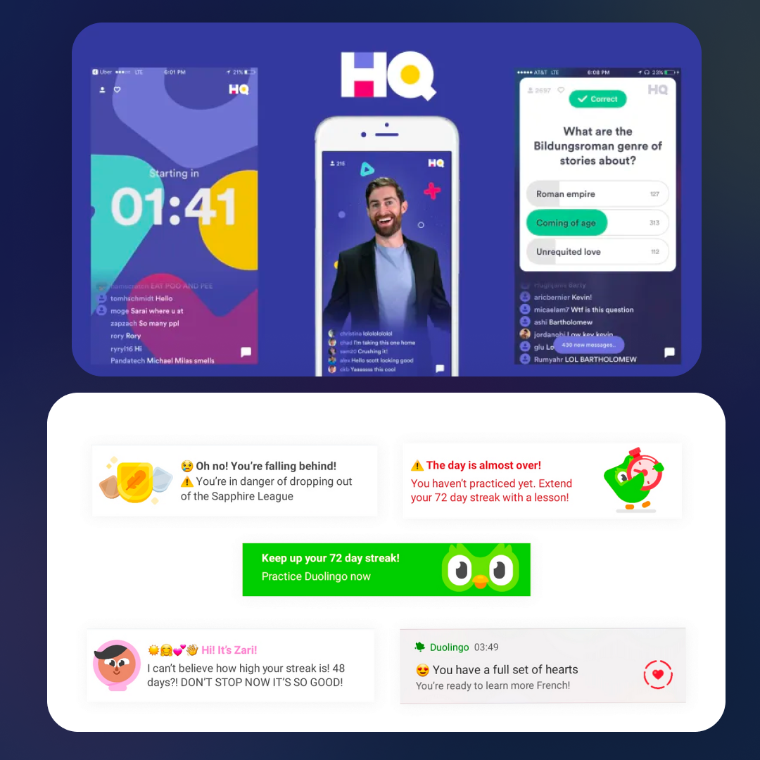 Collage showcasing HQ Trivia and Duolingo apps. The top half displays the HQ Trivia app's screens, including a countdown timer, quiz question, and host. The bottom half features Duolingo alerts about streak and league status, with animated green owl graphics.