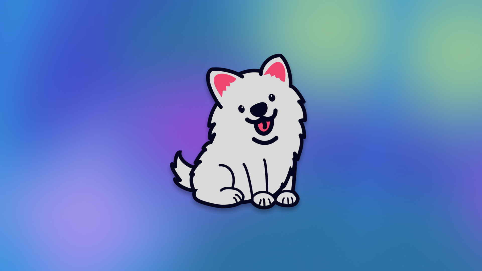 Cartoon illustration of a white fluffy dog with a happy expression on a blue and purple gradient background.