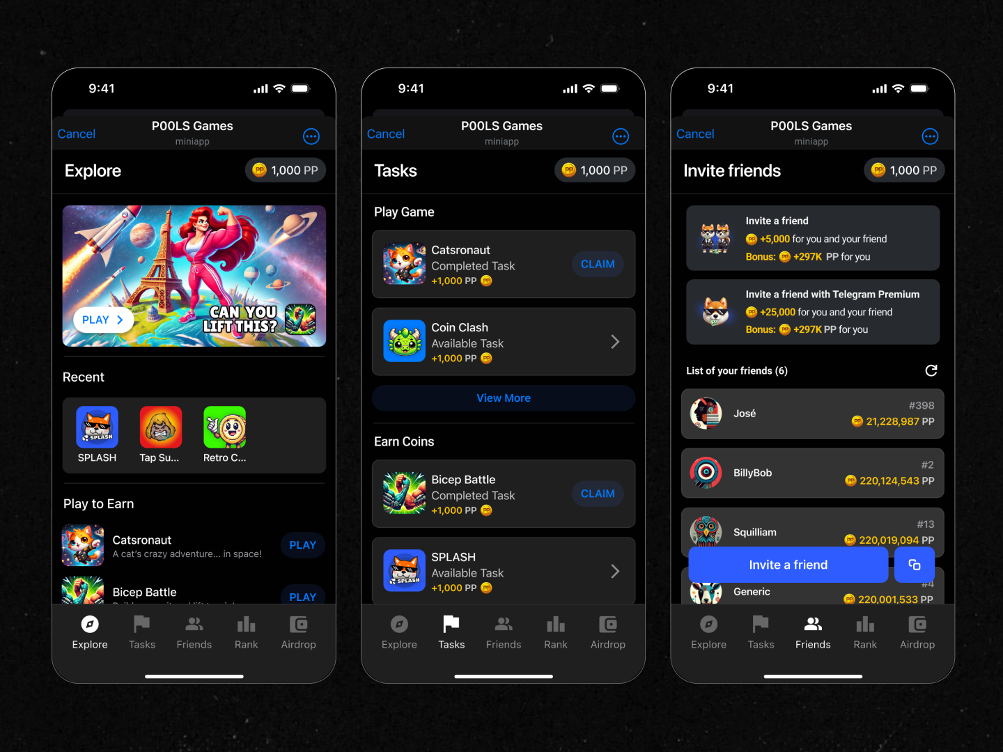 Three smartphone screens displaying the POOLS Games app interface. The first screen shows the "Explore" section with game options like 'Catsonaut' and 'Bicep Battle'. The second screen displays "Tasks" with games to play and earn points, like 'Coin Clash'. The third screen focuses on "Invite friends" with options for bonus points and a list of current friends' profiles and points.