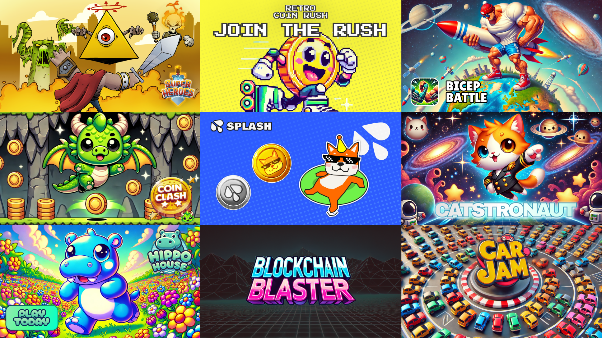 Collage of colorful video game covers including titles like "The Super Heroes," "Retro Coin Rush," "Bicep Battle," "Coin Clash," "Splash," "Catstronaut," "Hippo House," "Blockchain Blaster," and "Car Jam." Each cover features cartoonish, vibrant characters and dynamic illustrations.