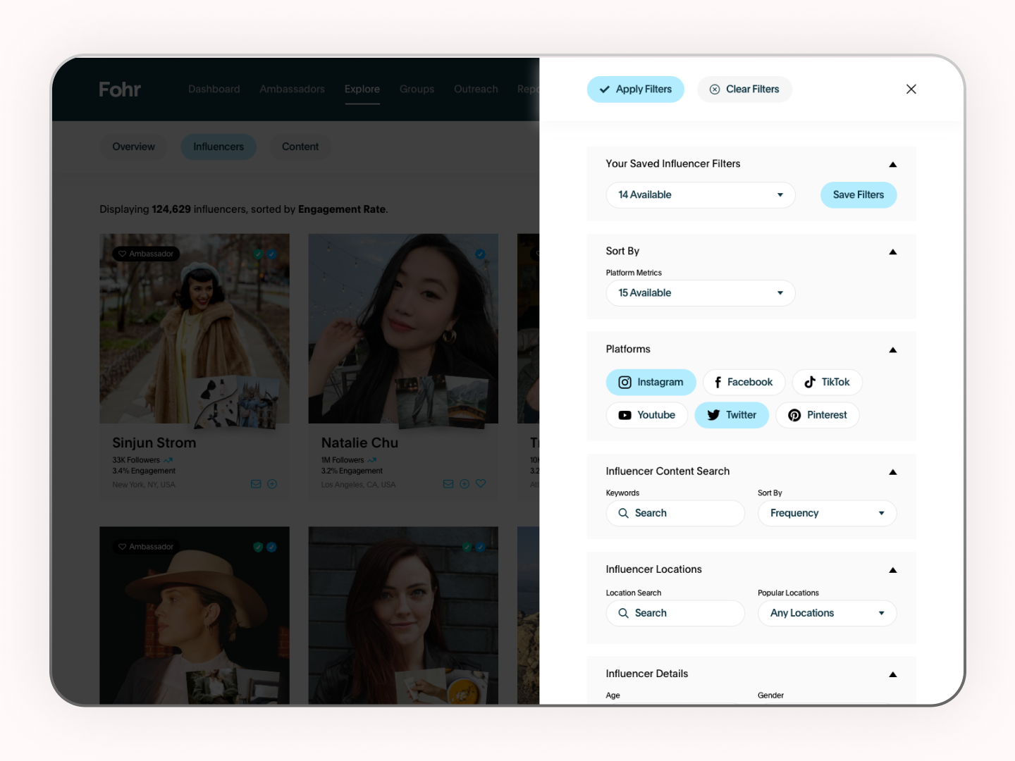Screenshot of an influencer marketing platform interface with filters on the right. It shows profiles with details like follower count and engagement rate, and includes filter options for platforms, content search, and location.