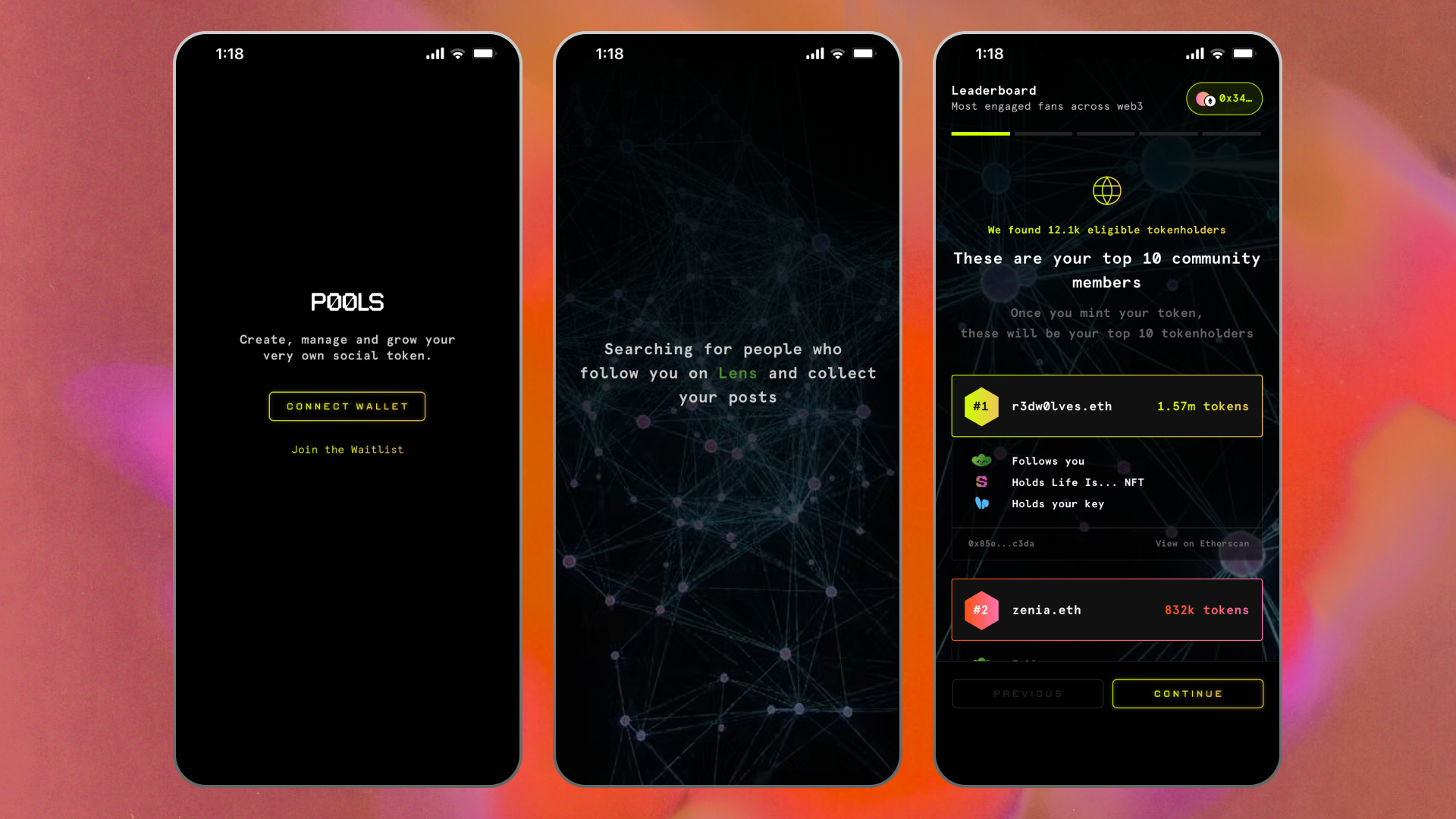 Three mobile app screens from a social token management application called POOLS. The first screen prompts the user to connect their wallet and join the waitlist. The second screen shows a search process for followers on a network named Lens. The third screen features a leaderboard of community members with their token holdings, emphasizing the most engaged fans in the web3 space. The background is a pink and orange gradient with a digital network pattern on the second and third screens.