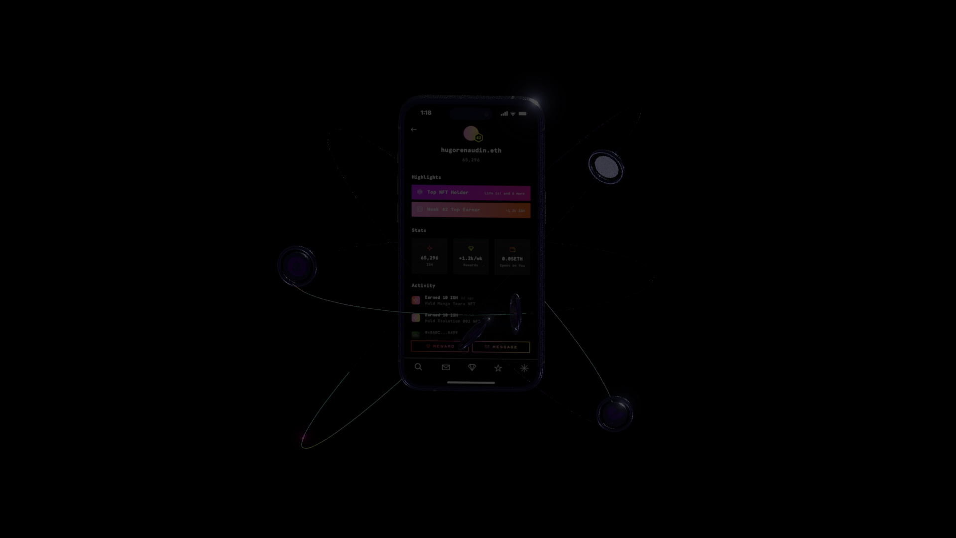 Smartphone displaying a digital wallet app interface with user statistics and activities, all set against a dark background with abstract graphic elements.