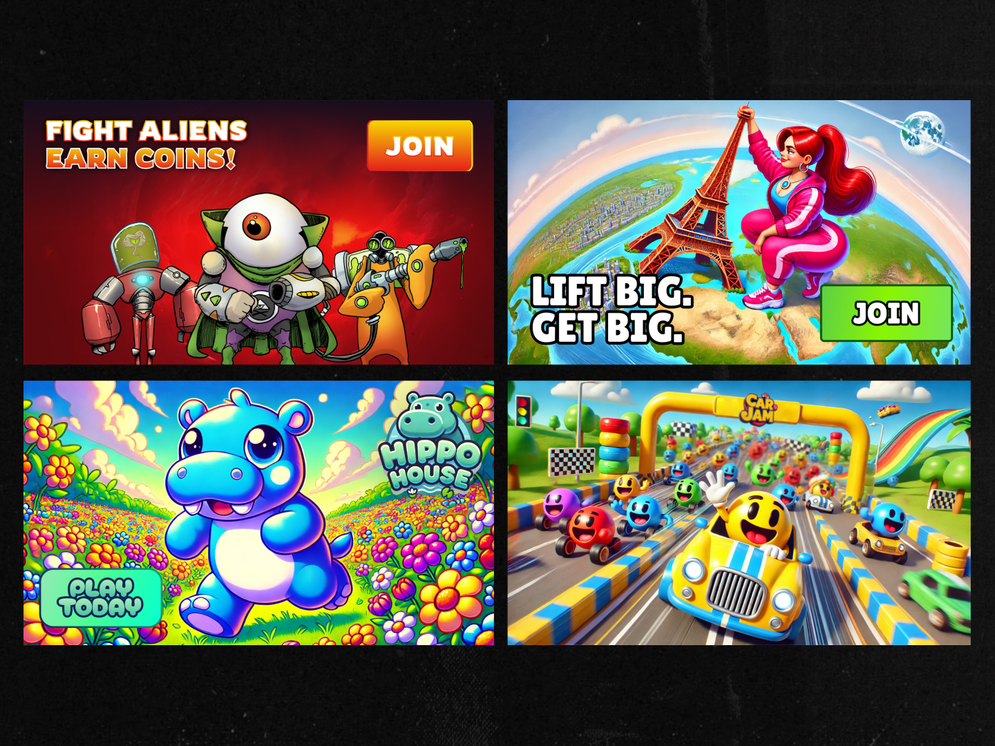 A collage of four online game advertisements. The top left ad features a group of cartoon aliens with text "Fight Aliens Earn Coins!" and a "Join" button. The top right ad shows a woman lifting the Eiffel Tower with the text "Lift Big. Get Big." and a "Join" button. The bottom left ad depicts a cartoon hippo surrounded by colorful flowers with the text "Hippo House" and "Play Today" button. The bottom right ad displays a colorful car race with cheerful characters and the text "Car Jam."