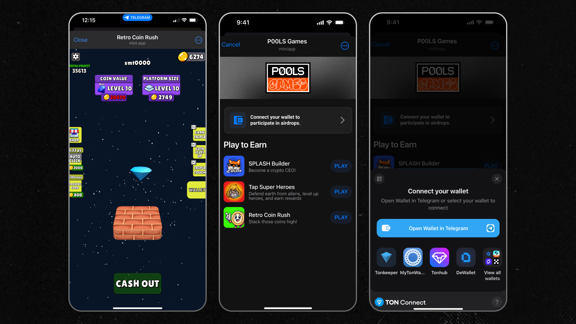 Three smartphone screens displaying a gaming app interface. The left screen shows 'Retro Coin Rush' game with options to cash out, buy coins, and adjust platform size. The middle screen lists games like 'SPLASH Builder' and 'Tap Super Heroes' under 'Play to Earn.' The right screen prompts users to connect a wallet via Telegram, with wallet app icons below.