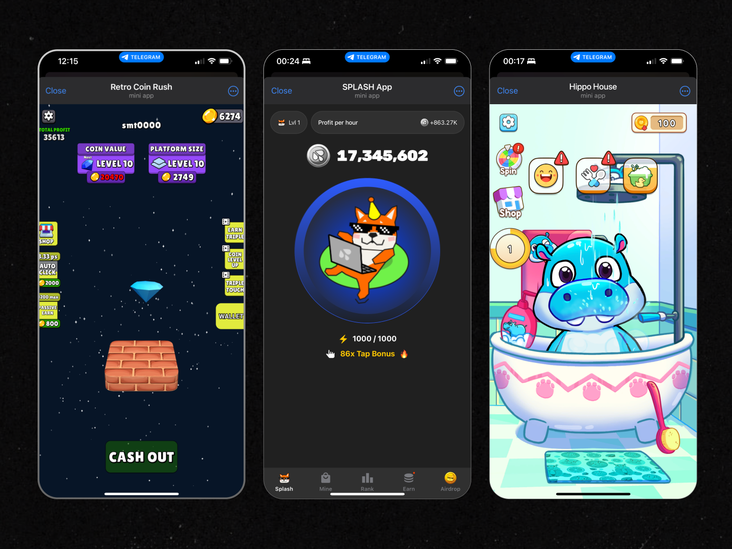 The image shows three smartphone screens displaying game apps in Telegram. The first screen is "Retro Coin Rush," featuring a platform and a floating diamond against a starry background with options for shop and cash out. The second screen displays the "SPLASH App" with an animated dog icon, showing a level progress and earnings. The third screen is "Hippo House," featuring a cartoon hippo in a bathtub with bubble and shop icons. Each app screen has various interactive elements typical of mobile games.