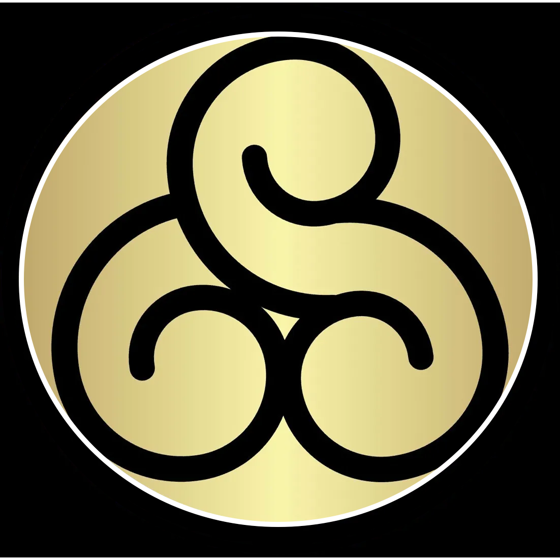 Stylized black and gold triskelion symbol inside a circle.