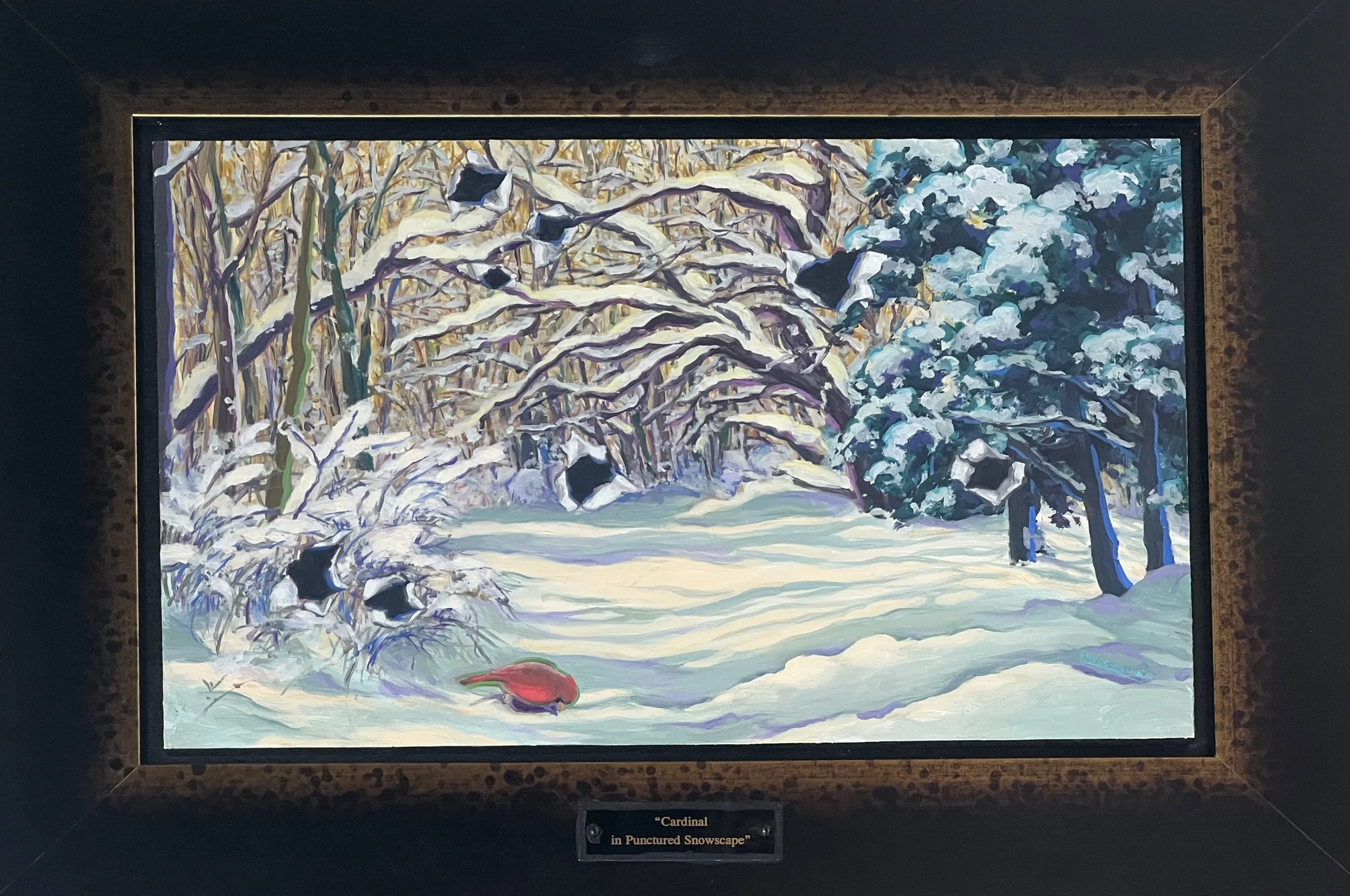 Cardinal in Punctured Snowscape by Lisa Ross Miller