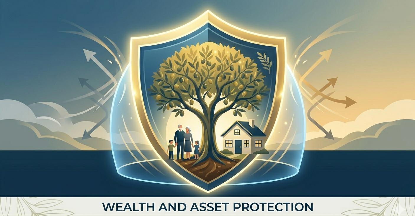 A family of four standing under a large olive tree inside a shield, with a house nearby, symbolizing wealth and asset protection. The background features  arrows bouncing off the shield representing protection to the family and tree.
